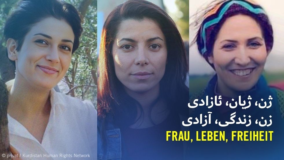 Das Foto zeigt eine Collage mit den Gesichtern von drei Frauen. Auf dem Foto steht: Frau, Leben, Freiheit